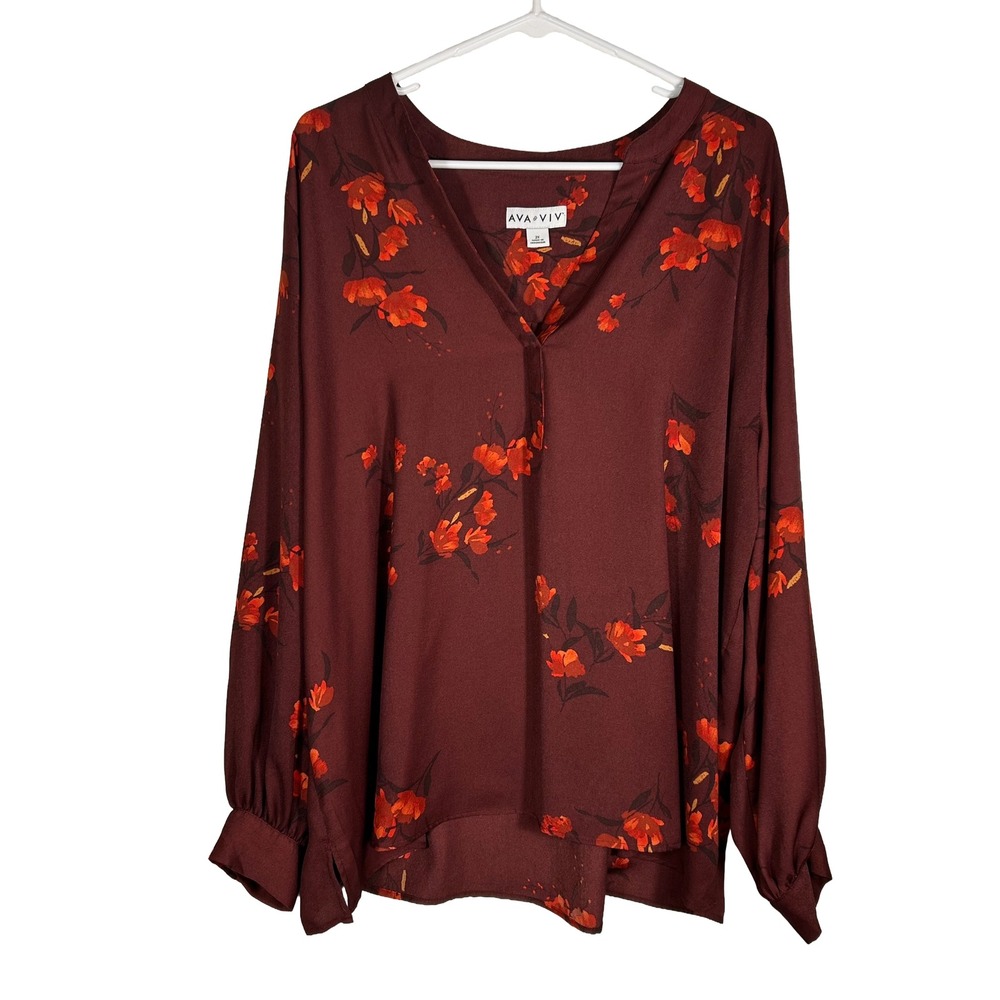 Ava & Viv Womens 2X Burgundy Floral Split V-Neck Long Sleeve Blouse Top